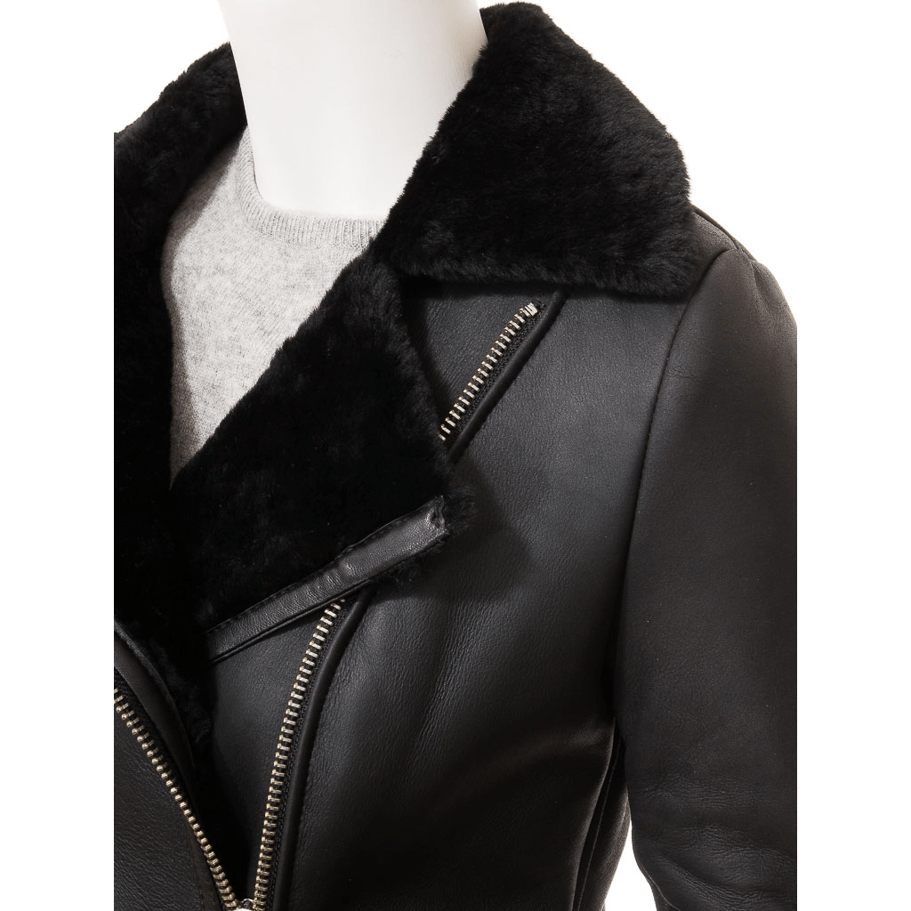 WOMEN BLACK SHEARLING BIKER JACKET CORINTH