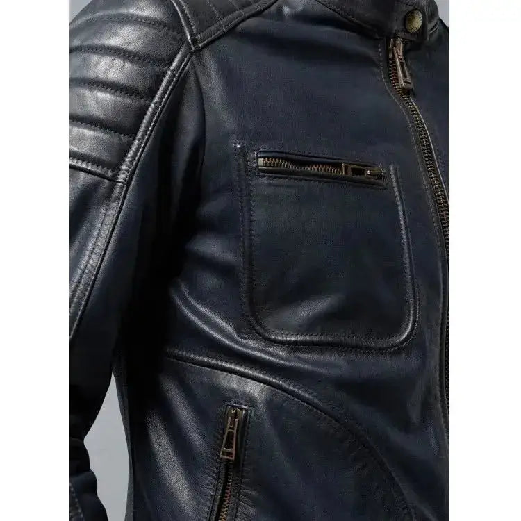 Men's Navy Blue Sheepskin Leather Biker Jacket-3