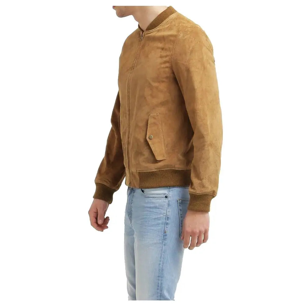 Men's Tan Suede Leather Bomber Jacket-4