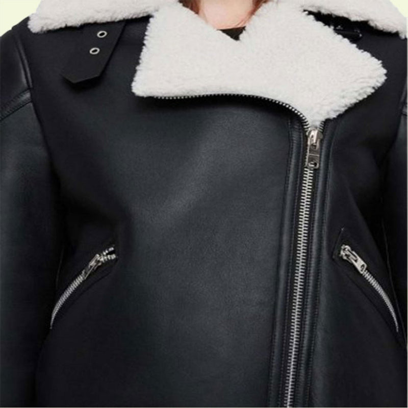 Women's Black Leather Shearling Biker Jacket-3