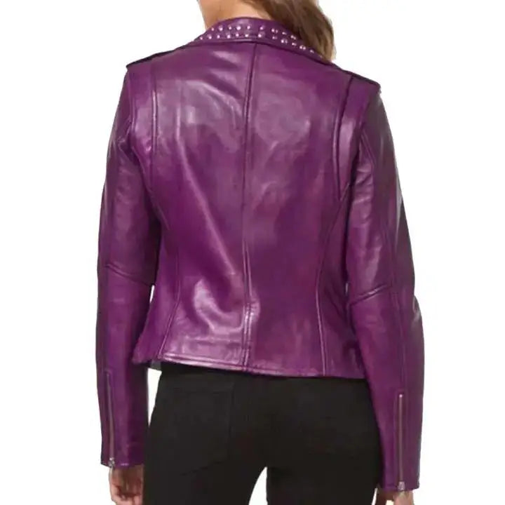 Women's Purple Studded Leather Biker Jacket-1