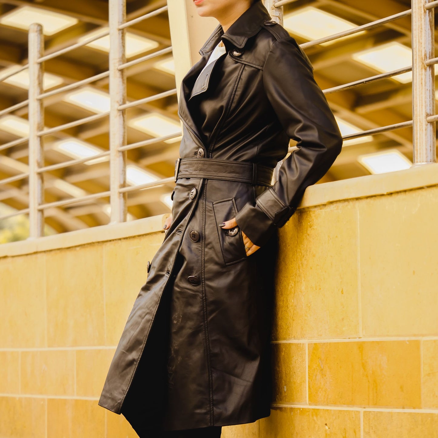 Womens Leather Long Coat Black-7