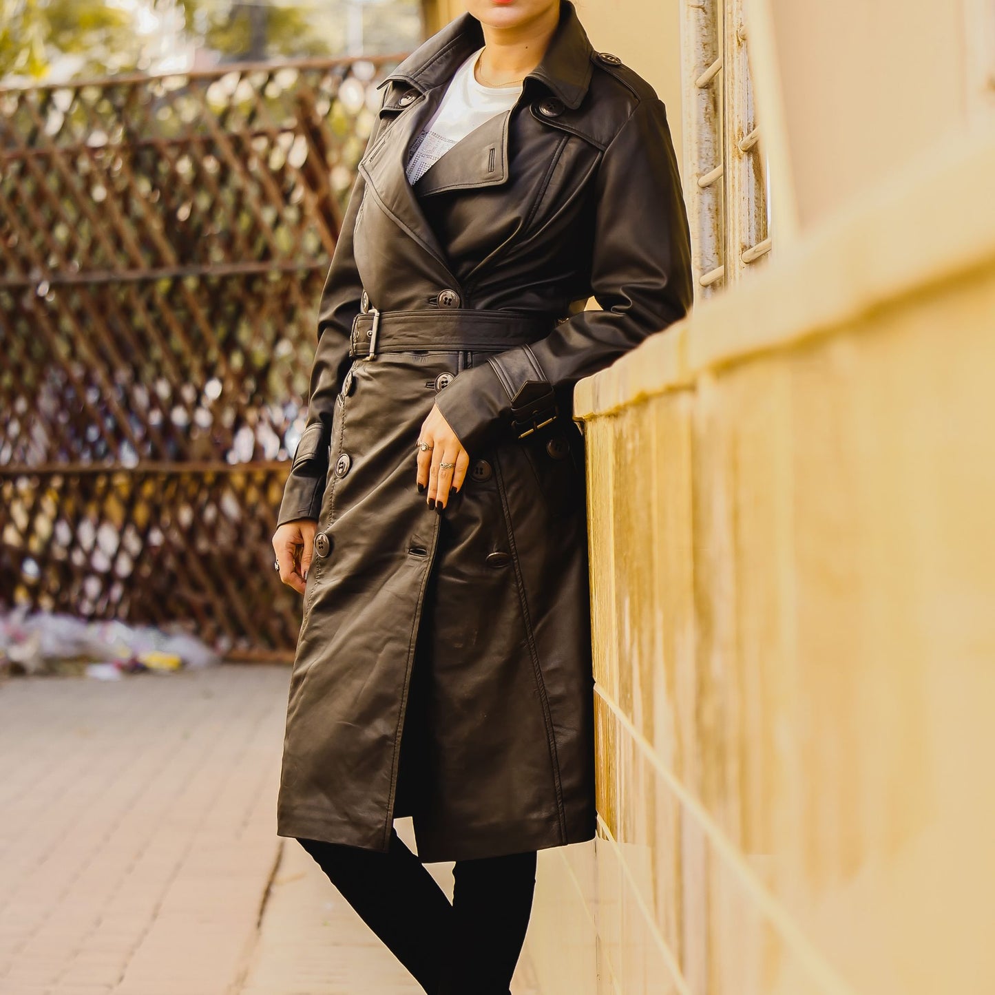 Womens Leather Long Coat Black-5