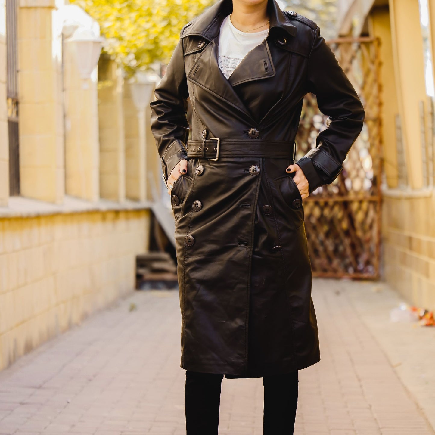 Womens Leather Long Coat Black