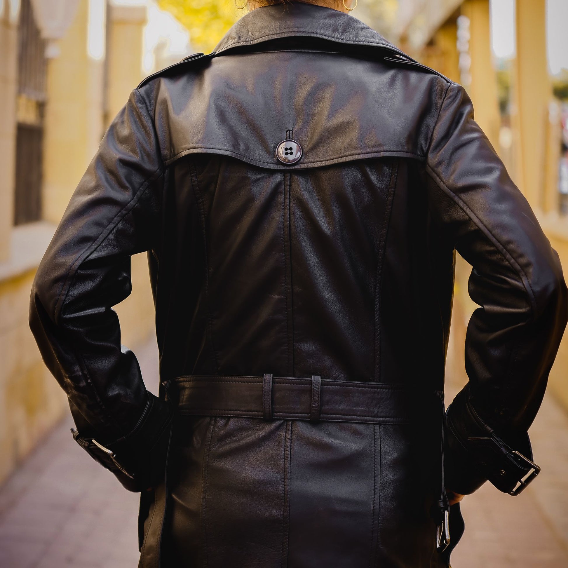 Womens Leather Long Coat Black-3