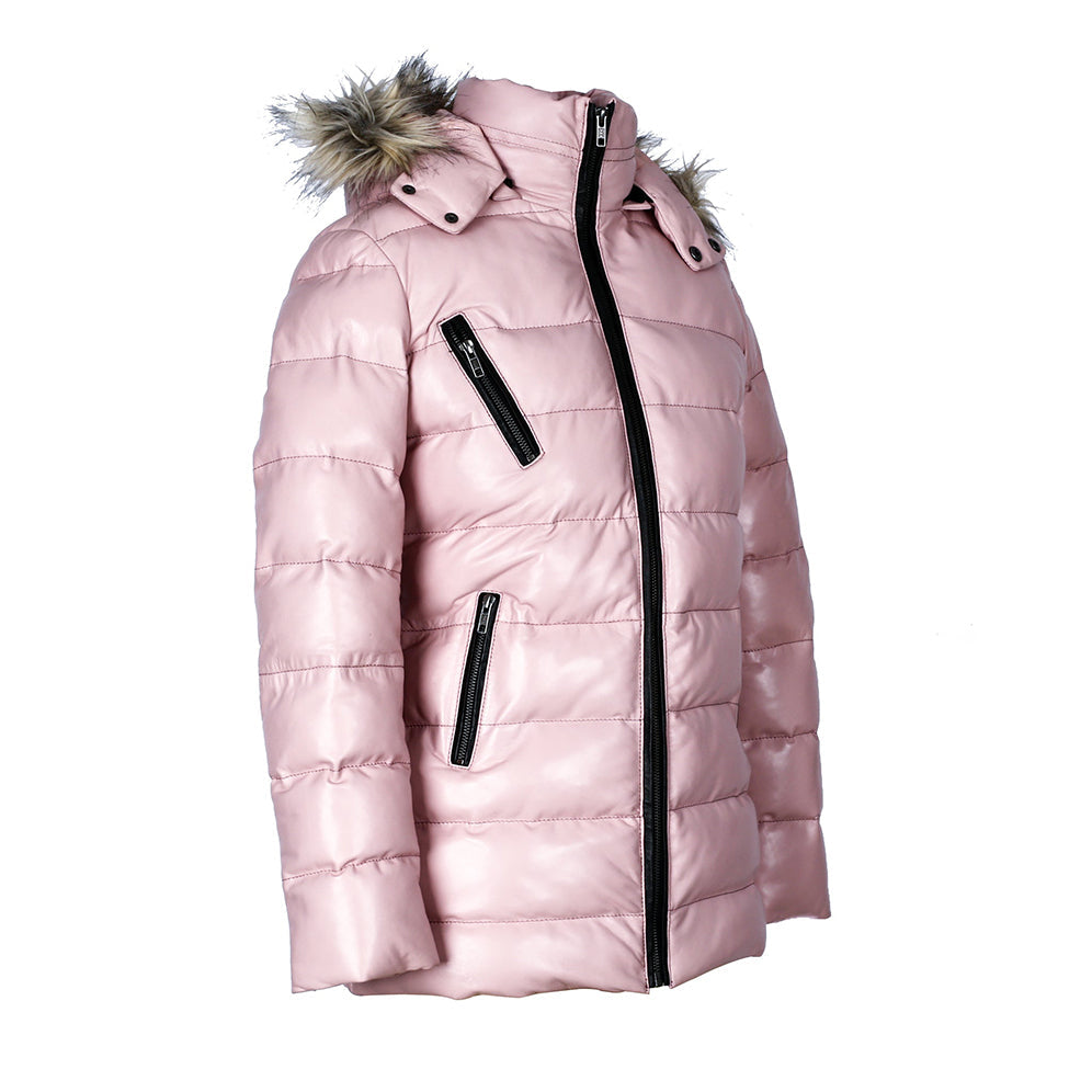 Womens Selina Puffer Leather Jacket with Fur Hoodie Pink-1