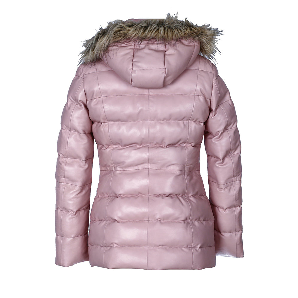 Womens Selina Puffer Leather Jacket with Fur Hoodie Pink-3
