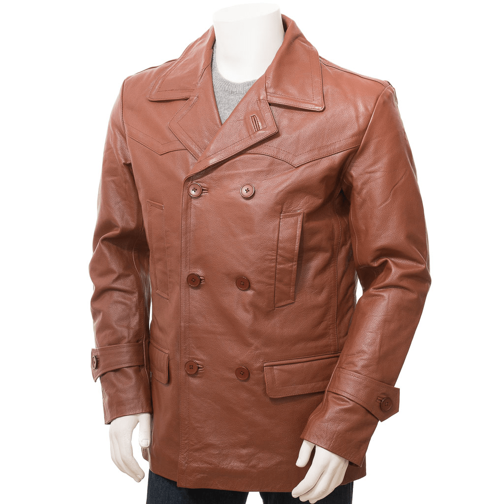 MEN CLASSIC TAN LEATHER PEACOAT CANTON
