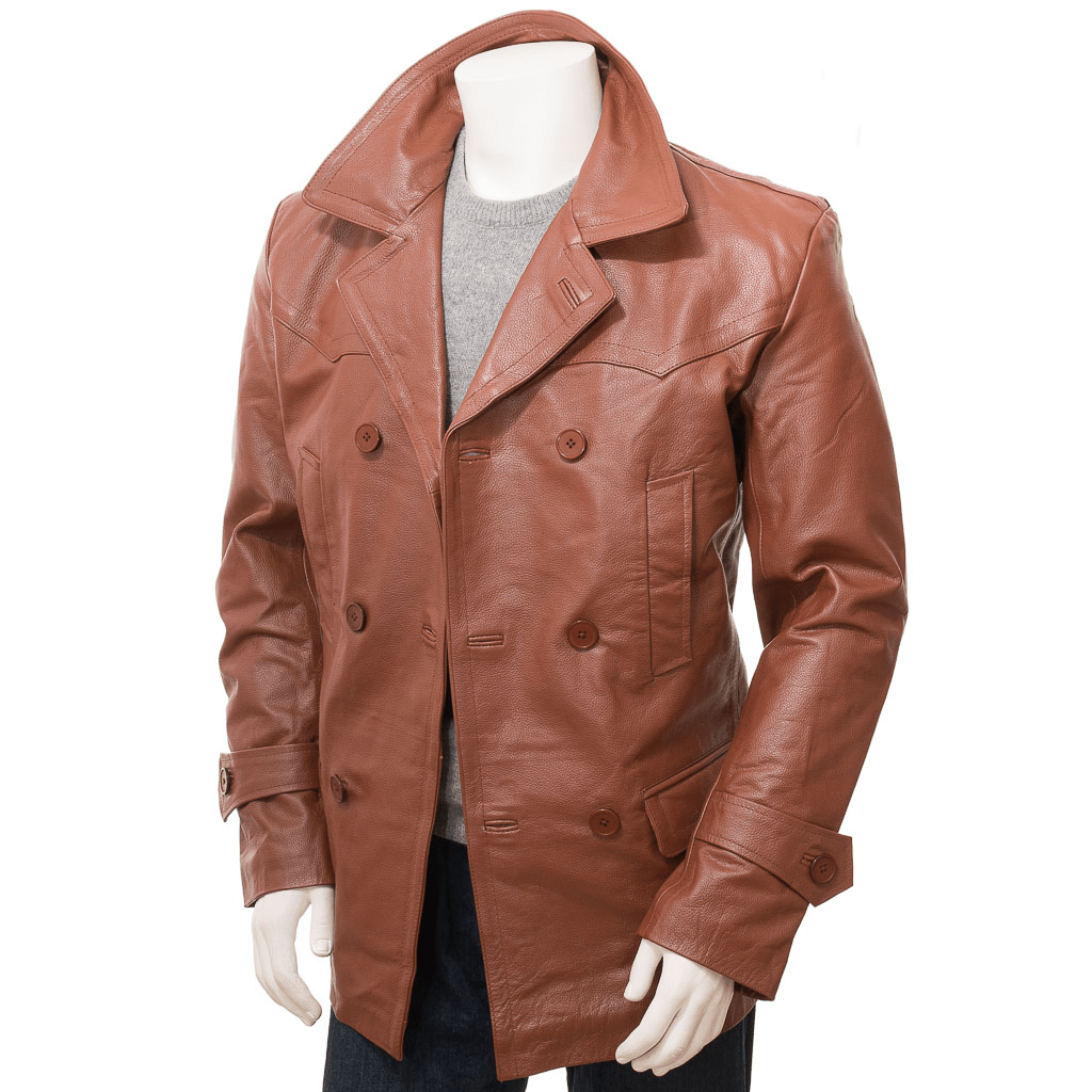 MEN CLASSIC TAN LEATHER PEACOAT CANTON-1
