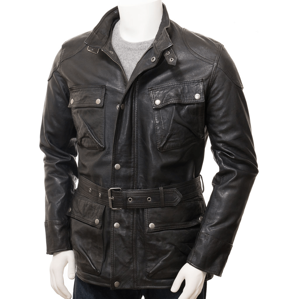 MEN BLACK LEATHER JACKET COAT CHAZY