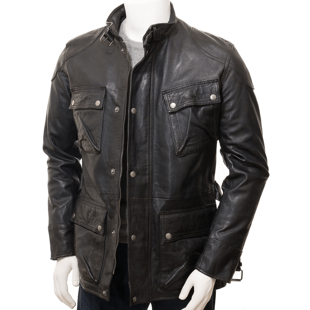 MEN BLACK LEATHER JACKET COAT CHAZY