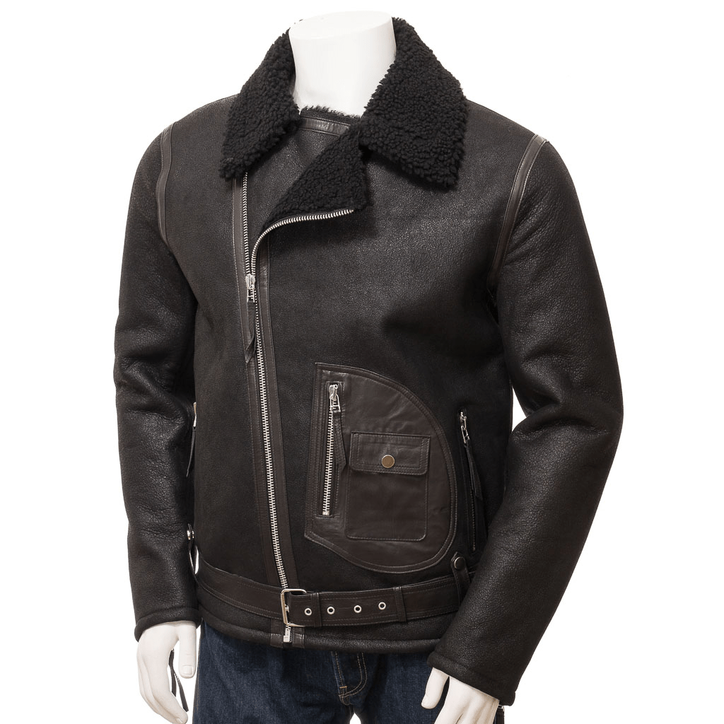 MEN BLACK SHEEPSKIN BIKER JACKET EVANS