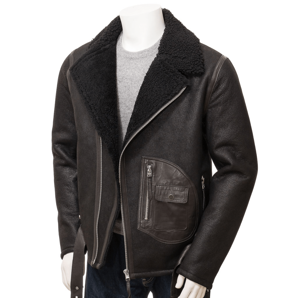 MEN BLACK SHEEPSKIN BIKER JACKET EVANS