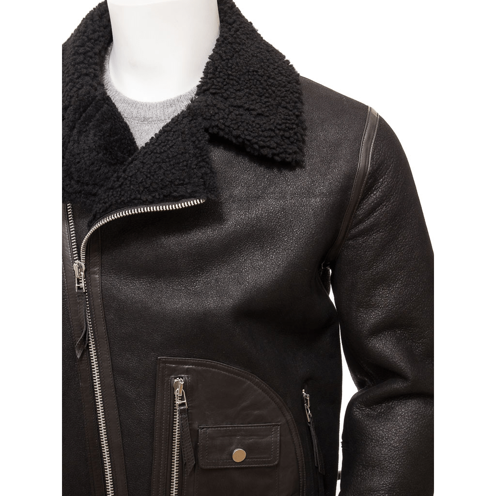 MEN BLACK SHEEPSKIN BIKER JACKET EVANS