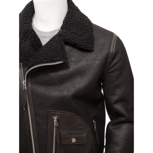 MEN BLACK SHEEPSKIN BIKER JACKET EVANS