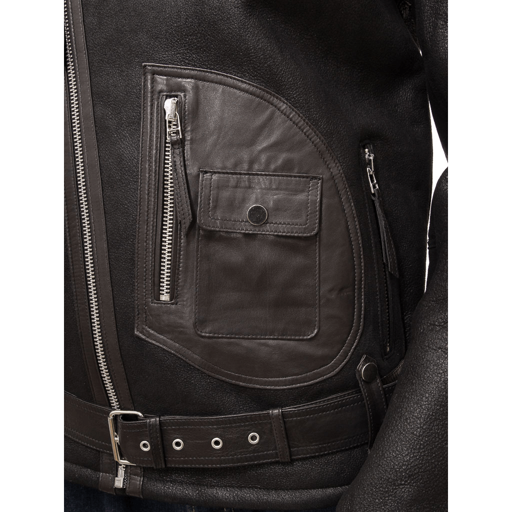 MEN BLACK SHEEPSKIN BIKER JACKET EVANS