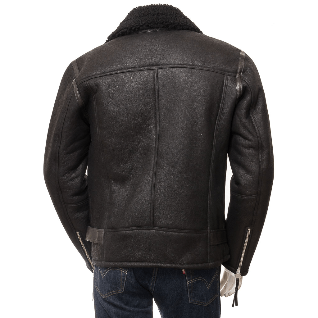 MEN BLACK SHEEPSKIN BIKER JACKET EVANS