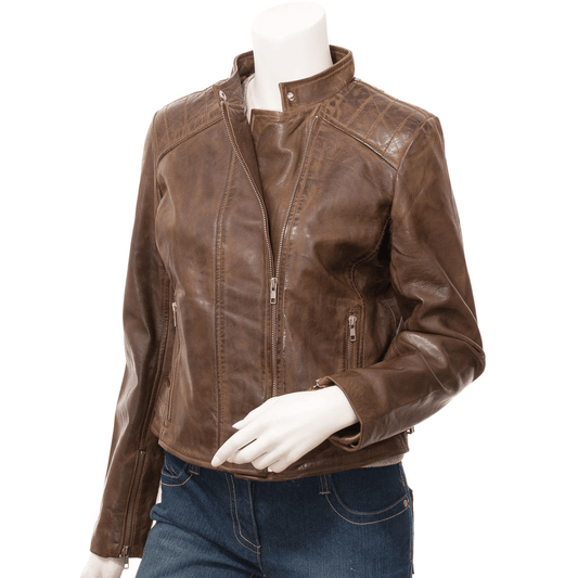 WOMENS BROWN LEATHER BIKER JACKET DELTONA