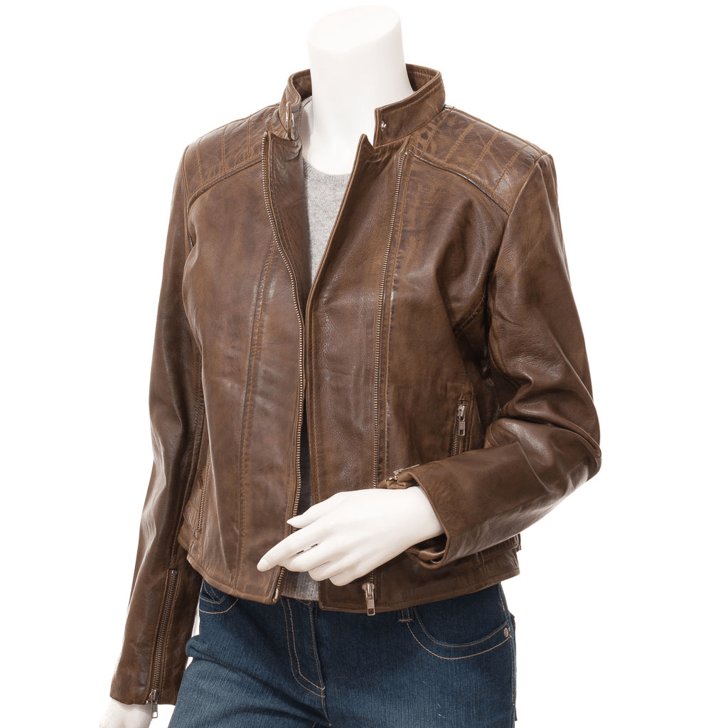 WOMENS BROWN LEATHER BIKER JACKET DELTONA-1