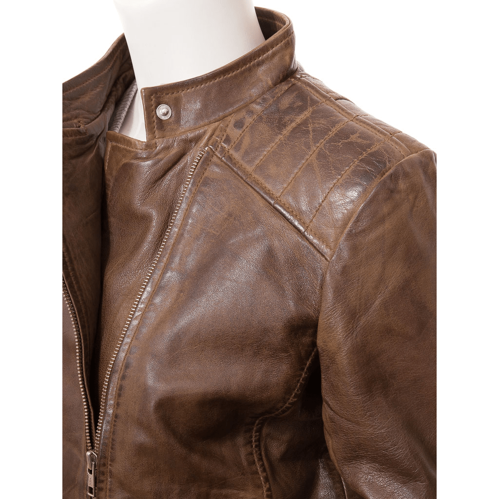 WOMENS BROWN LEATHER BIKER JACKET DELTONA-2