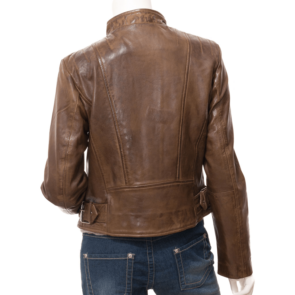 WOMENS BROWN LEATHER BIKER JACKET DELTONA-4