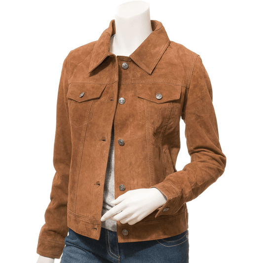 WOMENS TAN SUEDE TRUCKER JACKET HAVANA