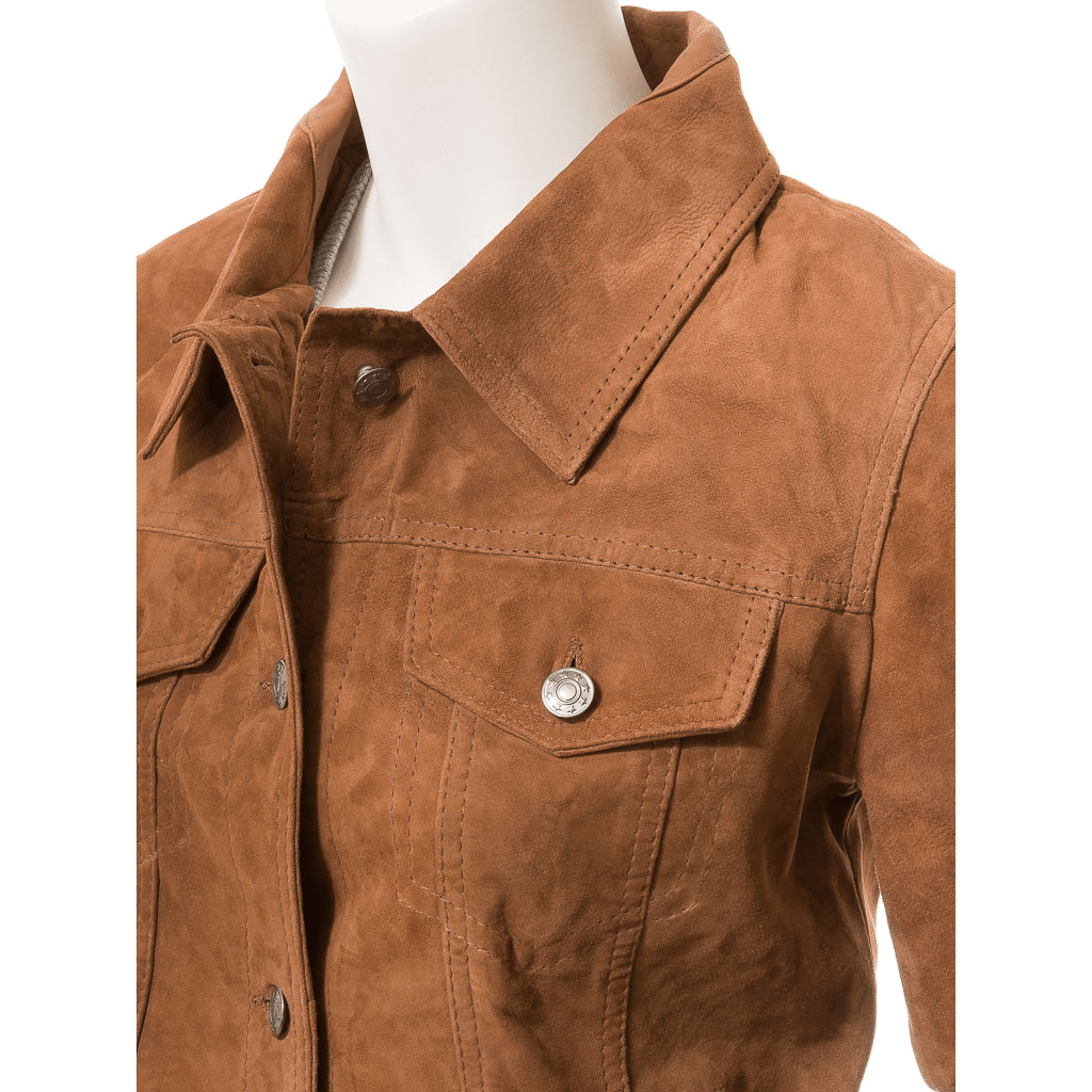 WOMENS TAN SUEDE TRUCKER JACKET HAVANA-1