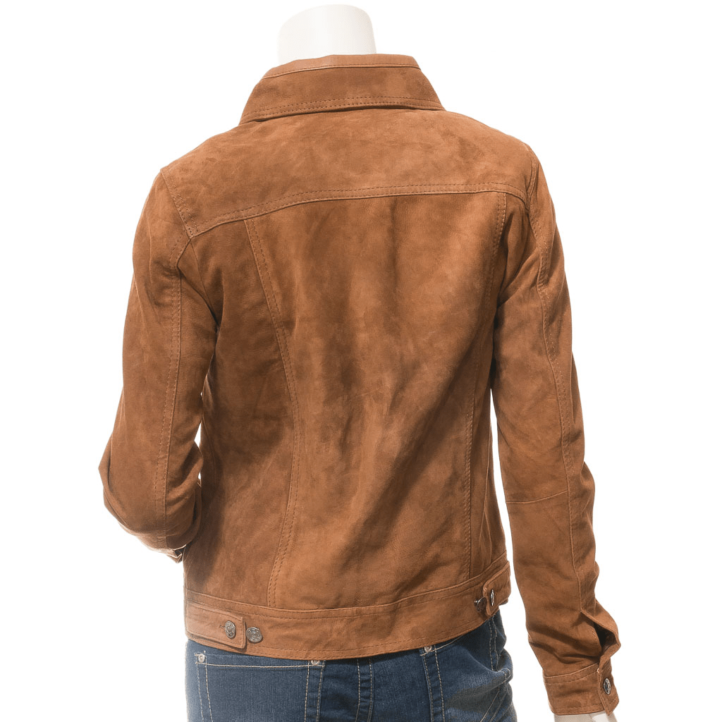 WOMENS TAN SUEDE TRUCKER JACKET HAVANA-2