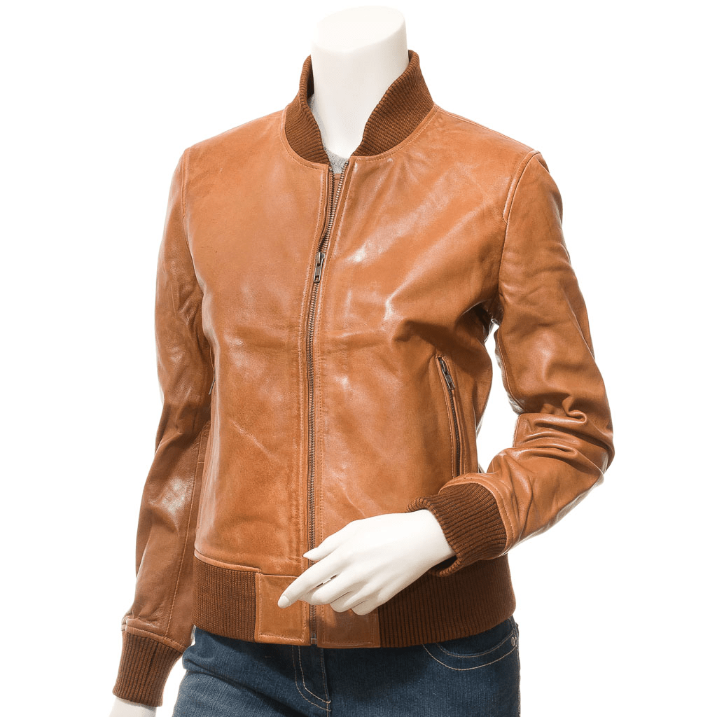 WOMEN TAN LEATHER BOMBER JACKET RAIFORD