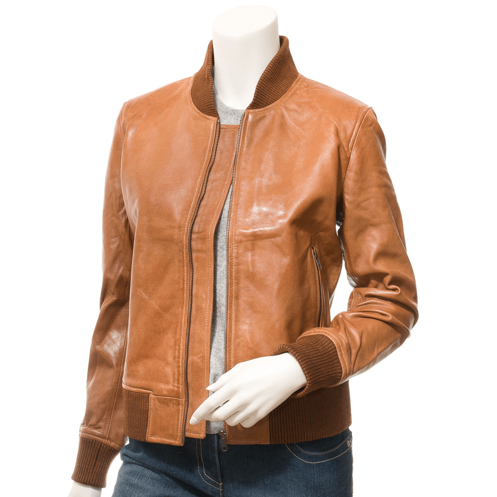 WOMEN TAN LEATHER BOMBER JACKET RAIFORD