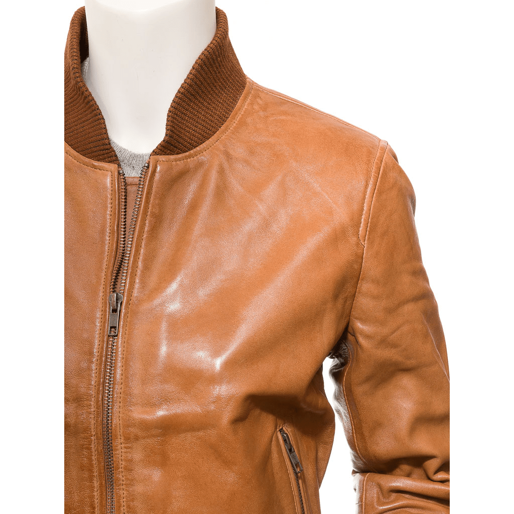 WOMEN TAN LEATHER BOMBER JACKET RAIFORD
