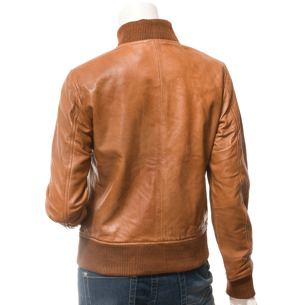 WOMEN TAN LEATHER BOMBER JACKET RAIFORD