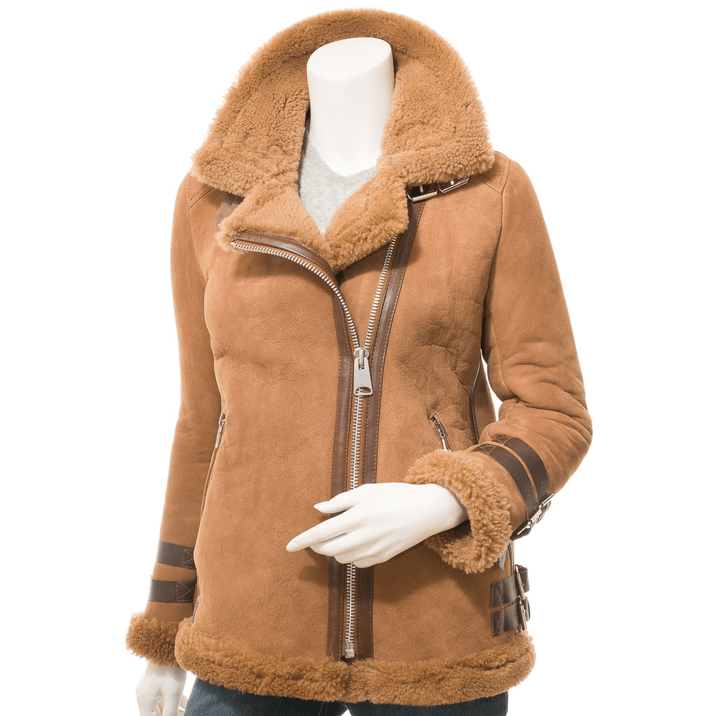 WOMEN TAN SHEEPSKIN BIKER JACKET FORNEY
