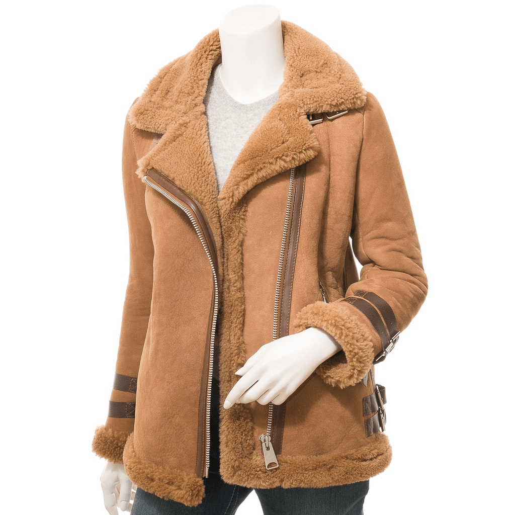 WOMEN TAN SHEEPSKIN BIKER JACKET FORNEY-1