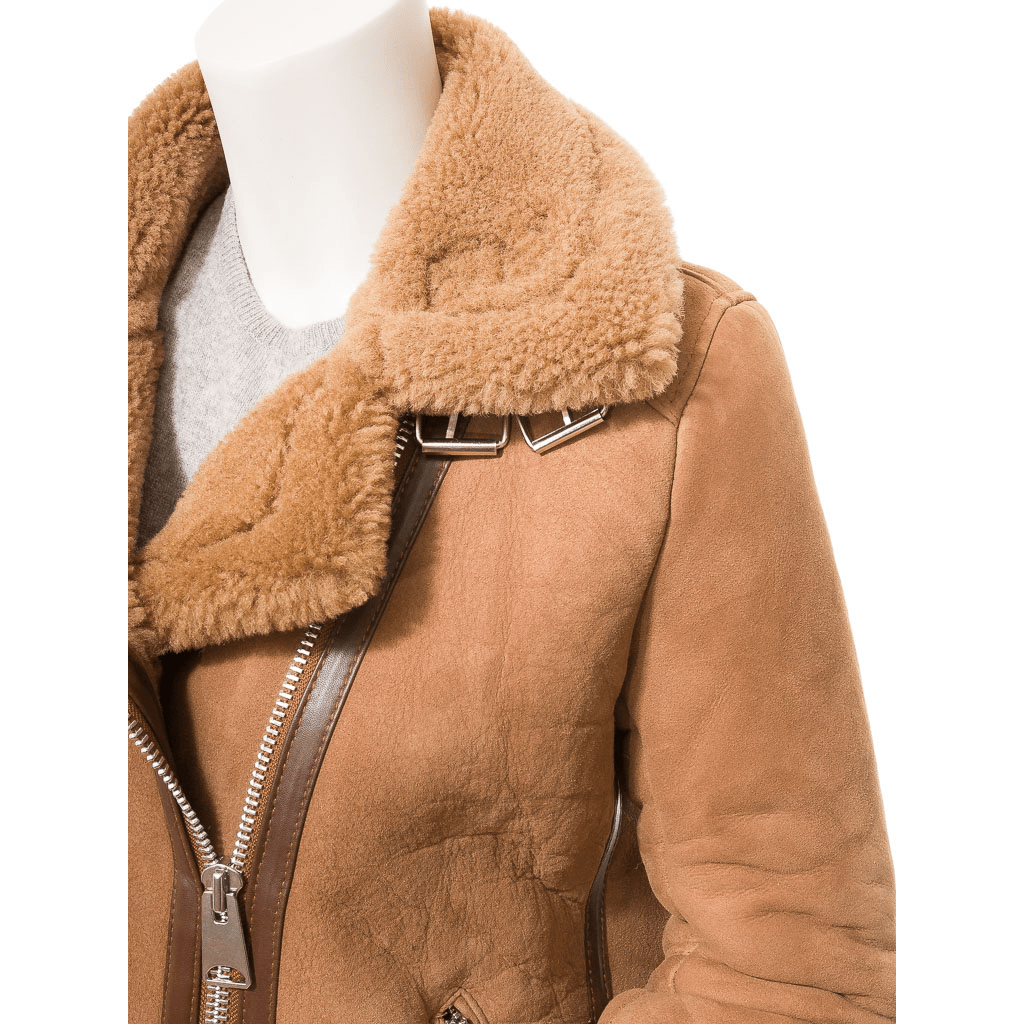 WOMEN TAN SHEEPSKIN BIKER JACKET FORNEY-2