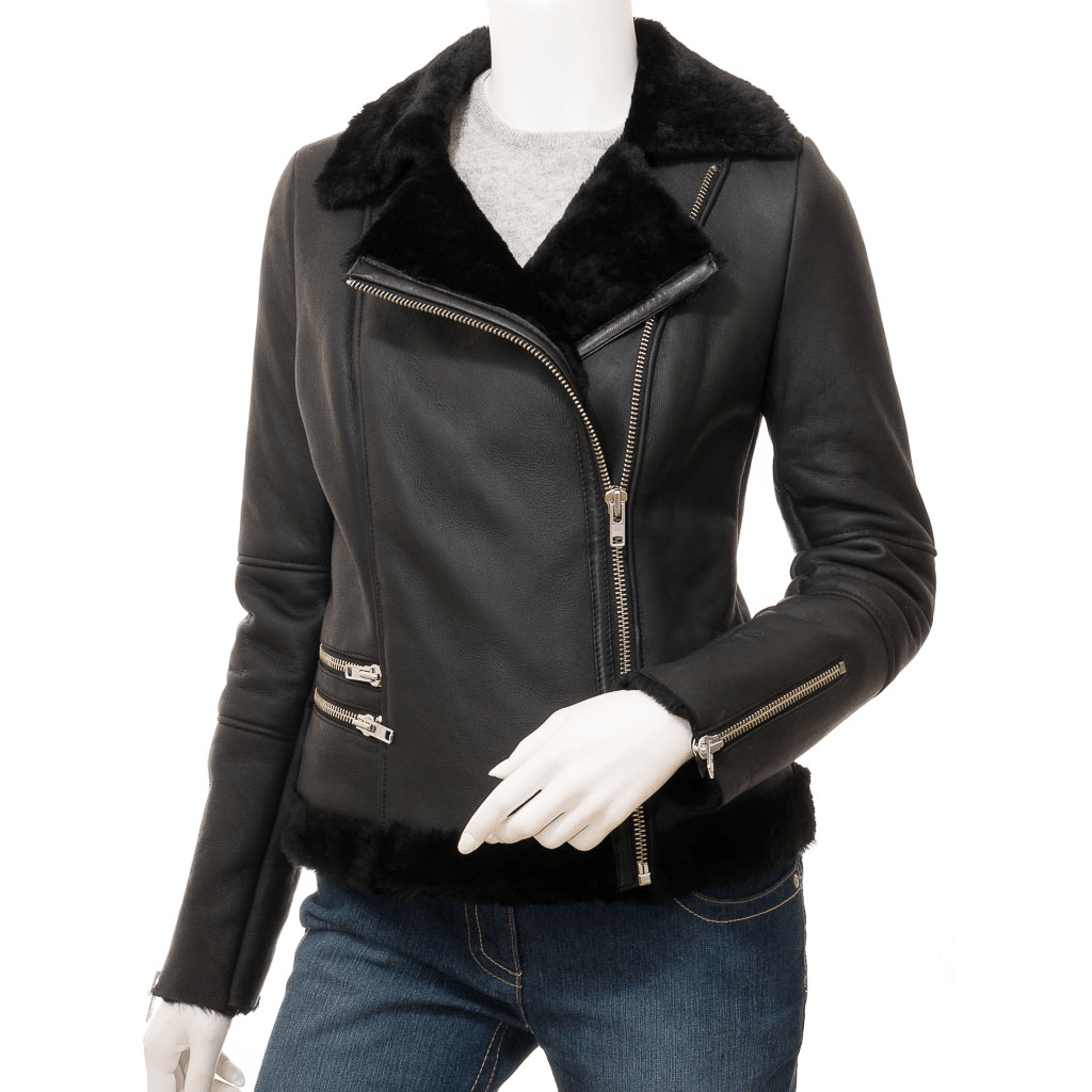WOMEN BLACK SHEARLING BIKER JACKET CORINTH