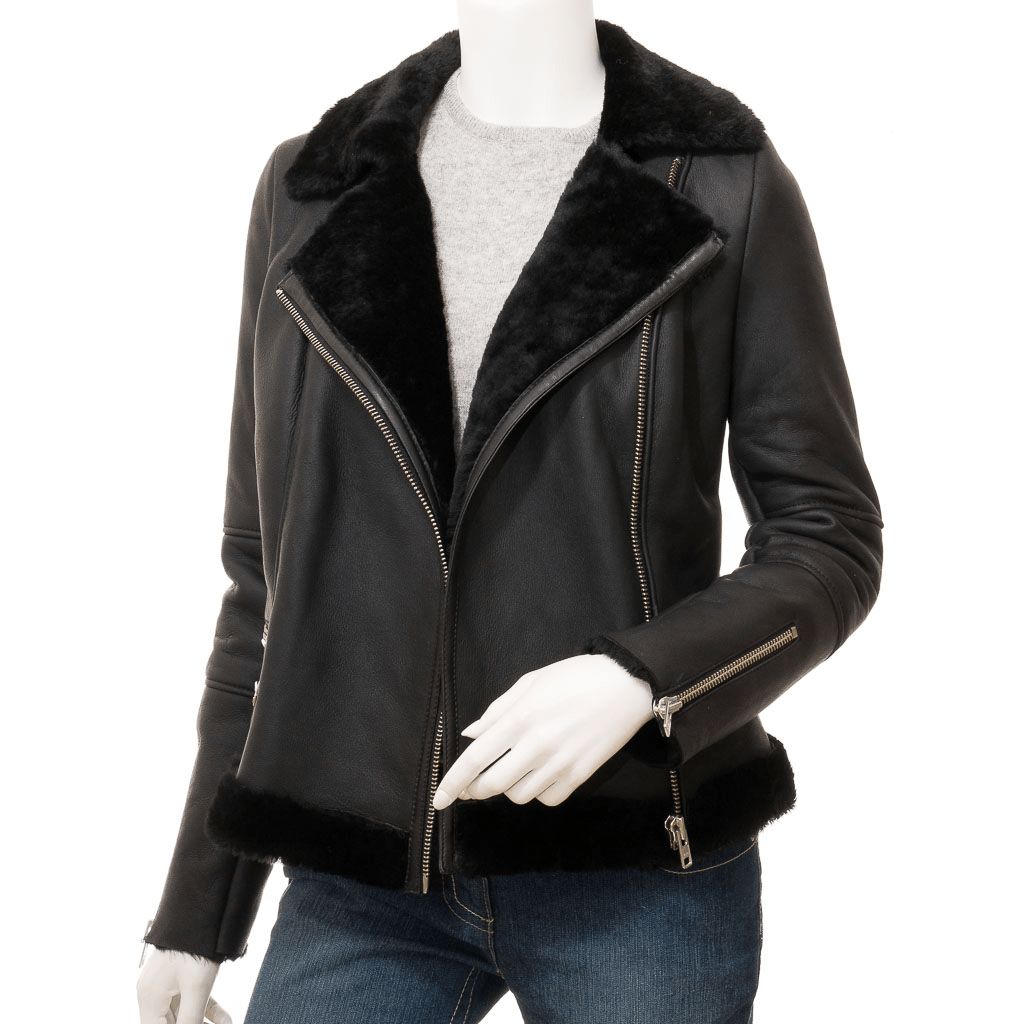 WOMEN BLACK SHEARLING BIKER JACKET CORINTH