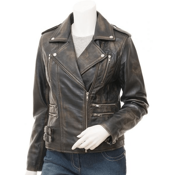 WOMENS VINTAGE LEATHER BIKER JACKET ELBA