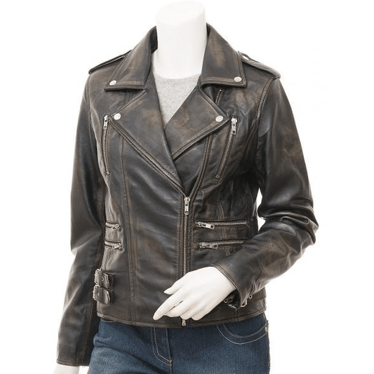 WOMENS VINTAGE LEATHER BIKER JACKET ELBA