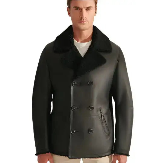 Men's Black Sheepskin Shearling Aviator Long Coat-0