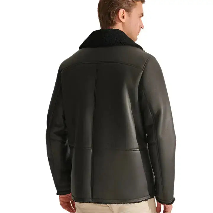 Men's Black Sheepskin Shearling Aviator Long Coat-1