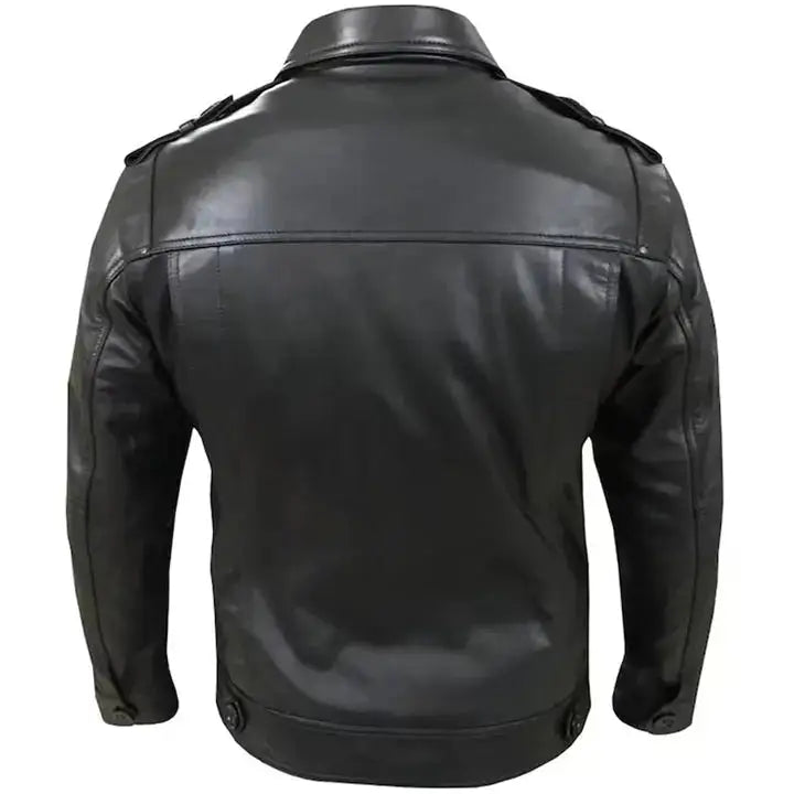 Men's Black Leather Jacket with Epaulettes-1