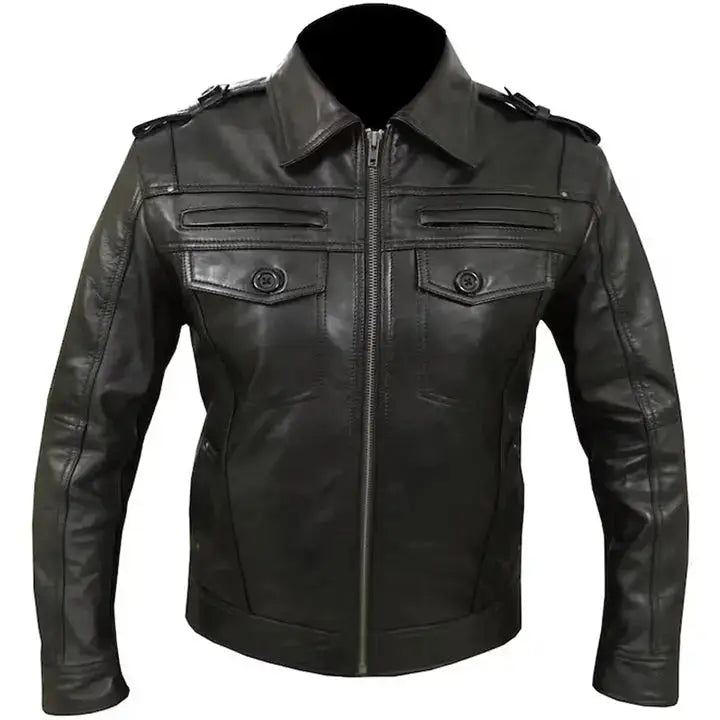 Men's Black Leather Jacket with Epaulettes-0