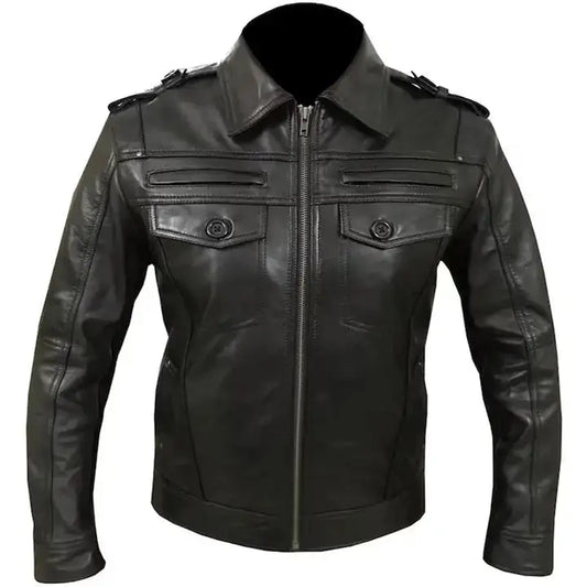Men's Black Leather Jacket with Epaulettes-0