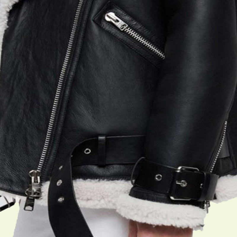 Women's Black Leather Shearling Biker Jacket-2