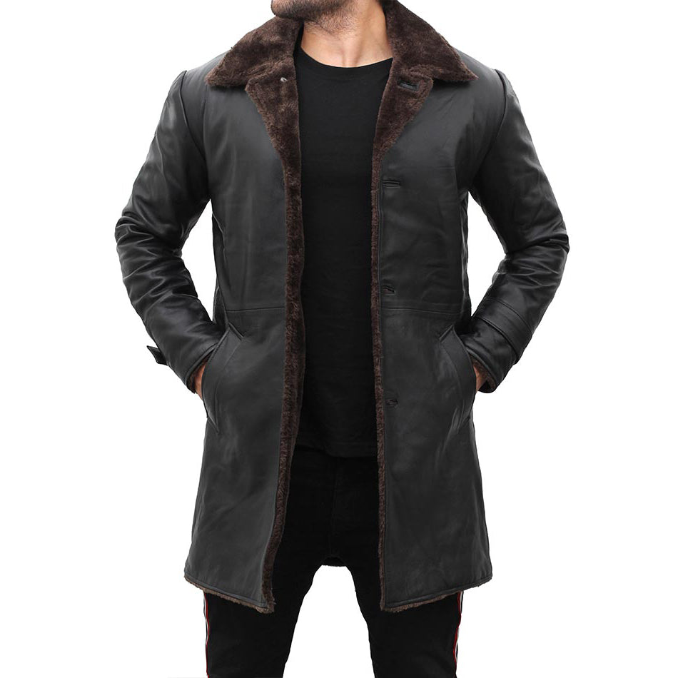Mens Black Shearling Leather Coat