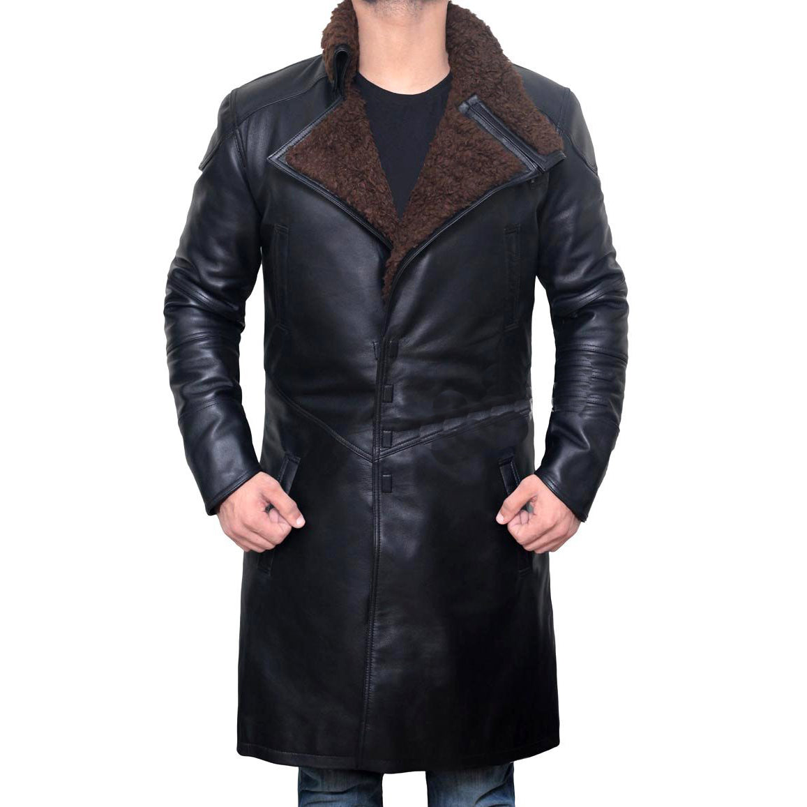 Mens Sherpa Black Trench Leather Coat