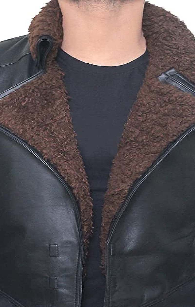 Mens Sherpa Black Trench Leather Coat-5