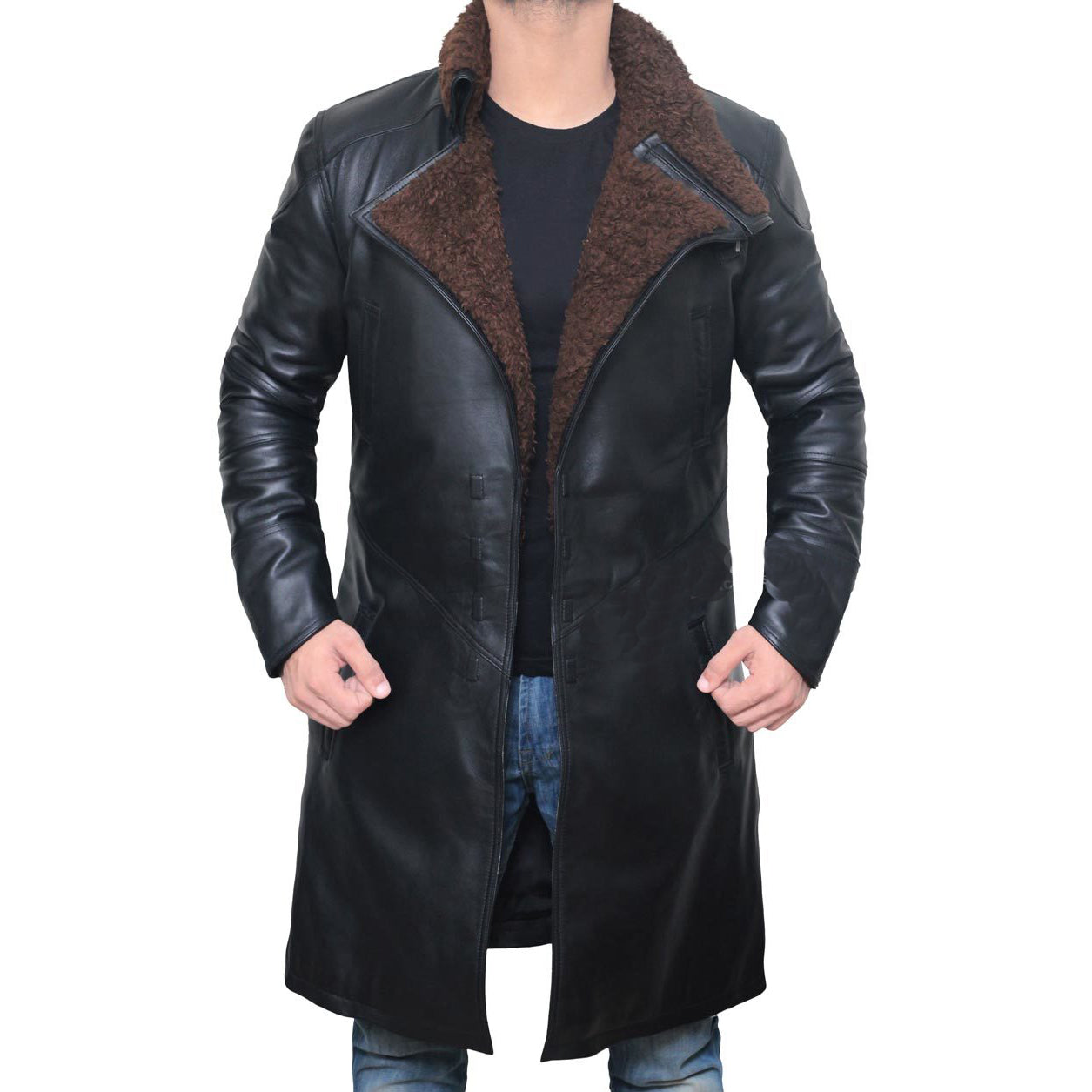 Mens Sherpa Black Trench Leather Coat