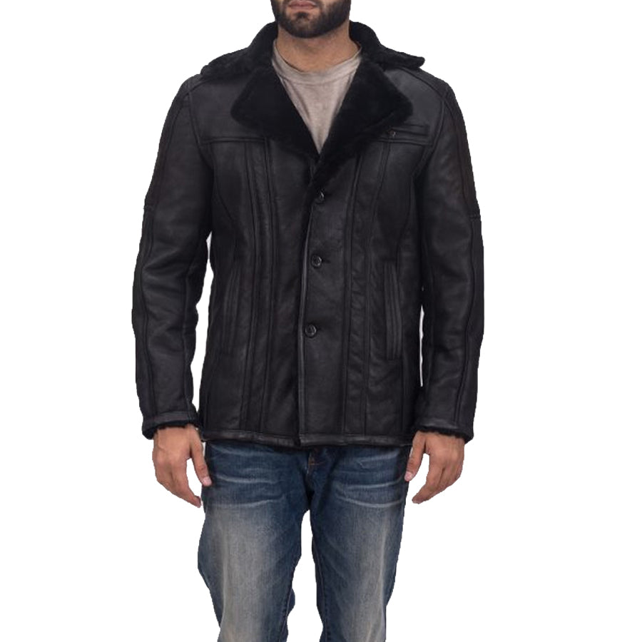 Mens Black Shearling Leather Coat